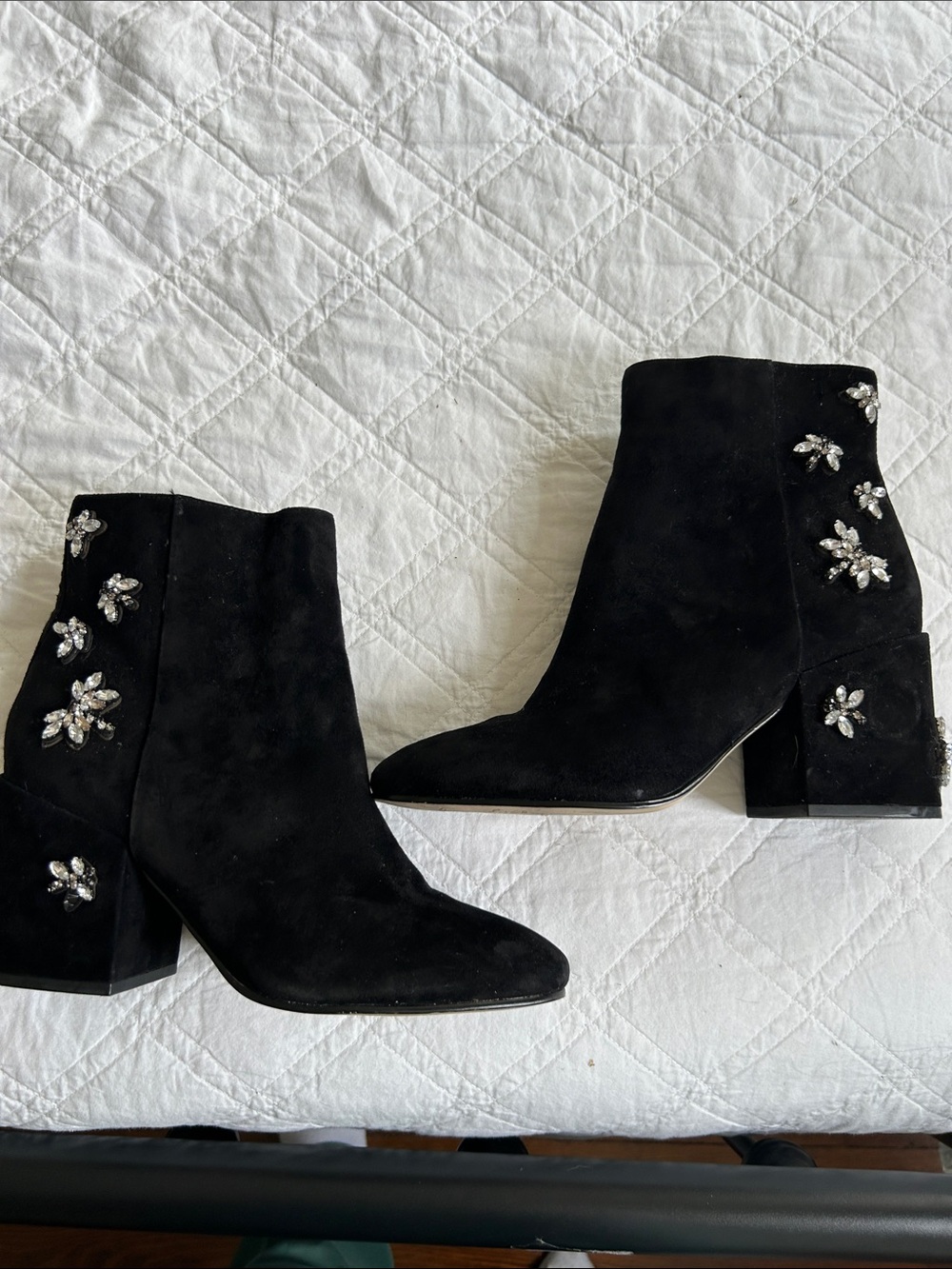 Sam Edelman Black Suede Crystal Floral Ankle Boots